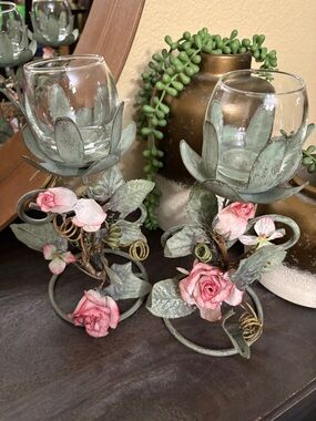 Floral Rose Metal Votive Candle Holders - Pink and Green